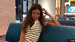 Public agent offers russian slut to fuck for cash in luxury hotel, bent over for blowjob and wet pussy orgasm