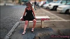 No panty short dress upskirt pussy flash in city public walking front everyone misscreamy