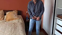 The wife helps her husband with a solo pleasure session