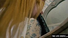 Horny blonde rides huge black dildo doggy style