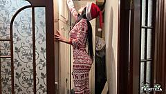 Close up POV of a taboo Christmas with stepmom
