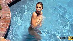 Athletic man intensely fucks son's cute girlfriend outdoors by the pool