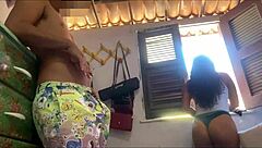 The hot latina stepmother in panties teases me with her big ass, bending over for cowgirl fun.