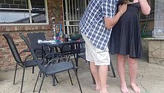 Neighbor's wife gets outdoor upskirt fuck while husband is at work