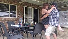 Neighbor's wife gets outdoor upskirt fuck while husband is at work