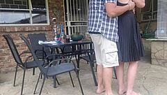 Neighbor's wife gets outdoor upskirt fuck while husband is at work