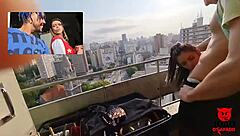 Couple fucking on balcony joins interracial threesome