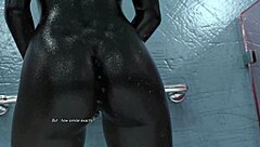 Dark alien babe enjoys shower gaming and solo play
