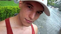 Cute Colombian Jhon Bianco gives handjob to monster cock in gay casting POV.