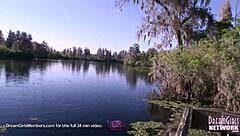 petite brunette coed flashes upskirt panties then strips nude in public park