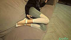Skinny neighbor in torn leggings caught masturbating