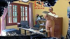 The secretary cleaning up the office is actually working on a naughty camera