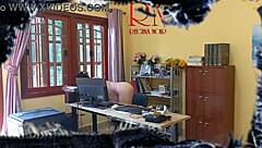 Naked Secretary Cleans Office!