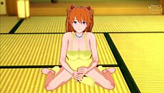 Horny Asuka gives guided handjob in yellow dress