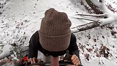 asian luna sucks big white cock in snowy public park almost caught by neighbors