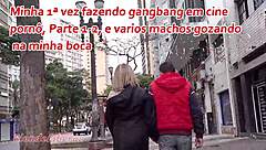 Milf's First Gangbang In Porn Cinema, Guys Cum In Mouth