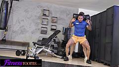 Fitness room threesome with rough sex and deepthroat action
