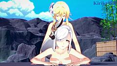 shenhe and lumine and miko yae and raiden shogun intense futanari sex - genshin impact hentai