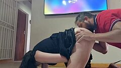 Hardcore kitchen floor scene with amateur couple and moaning fetishist