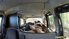 Hot couple has sex in a fake taxi cab