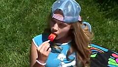 Petite Teen Rubs Clit Outdoors and Sucks Popsicle!