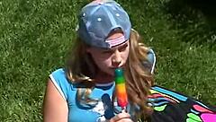 Petite Teen Rubs Clit Outdoors and Sucks Popsicle!