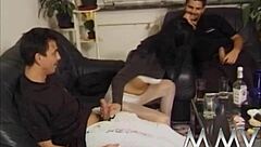 horny bitch fucks two cocks hard and gets facial cumshot!