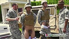 Sergeant says, 'Soldiers, start the outdoor orgy with blowjobs and ass fucking!'