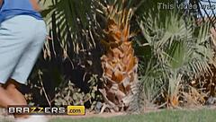 Yoga teacher Brandy Renee gets stretched by Damion's big fat cock in doggystyle. Bent over sideways, she enjoys titty fuck and cum on big natural tits.