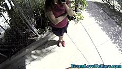 young teen 18+ gets jizzed for money in public blowjob session with amateurs