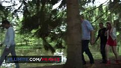 Blonde and Brunette Have Hardcore Orgy in Wood Hut