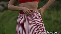 brunette sade mare teasing shaved pussy outdoors