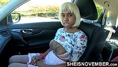 Step father seduced by curvy step daughter's big boobs and nipples in parked car outdoors.