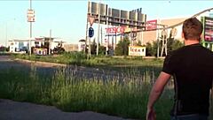 RISKY PUBLIC GANGBANG ORGY on street with pretty blonde banging