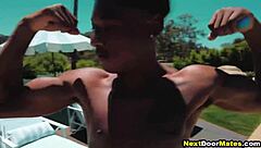 Muscular jocks celebrate with interracial bareback 4some.