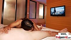 Thai teen Fon gives sensual massage then blowjob and fucking.