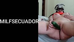 Latina milf uses cucumber for solo ass play