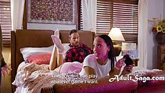 My friend’s stepsister Alexis Tae is a brunette and she sucks and fucks him while playing video games