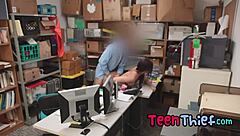 hot teen 18+ brunette thief with shaved pussy and piercing gets punished by security guard with blowjob and hardcore sex.