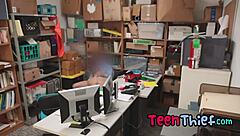 hot teen 18+ brunette thief with shaved pussy and piercing gets punished by security guard with blowjob and hardcore sex.