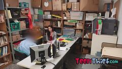 hot teen 18+ brunette thief with shaved pussy and piercing gets punished by security guard with blowjob and hardcore sex.