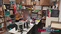 hot teen 18+ brunette thief with shaved pussy and piercing gets punished by security guard with blowjob and hardcore sex.