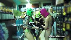 Busty bikini babes in hot four woman action after a daring robbery