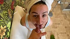 horny bitch with big tits sucks on a new phone