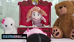 Petite pigtail cutie in fishnets gets pussy stretched by big cock