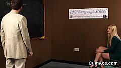 Spicy bombshell receives cumshot on face and swallows it