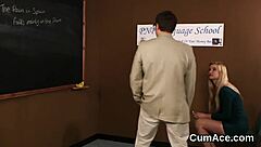 Spicy bombshell receives cumshot on face and swallows it