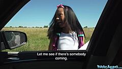 The public agent says, 'Sex for cash?' She agrees and they fuck outdoors