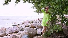 Sexy ballerina seduces with her flexible body and small tits on couch.