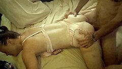 Wow, sexy black slut in satin dress gets drilled doggystyle hard!